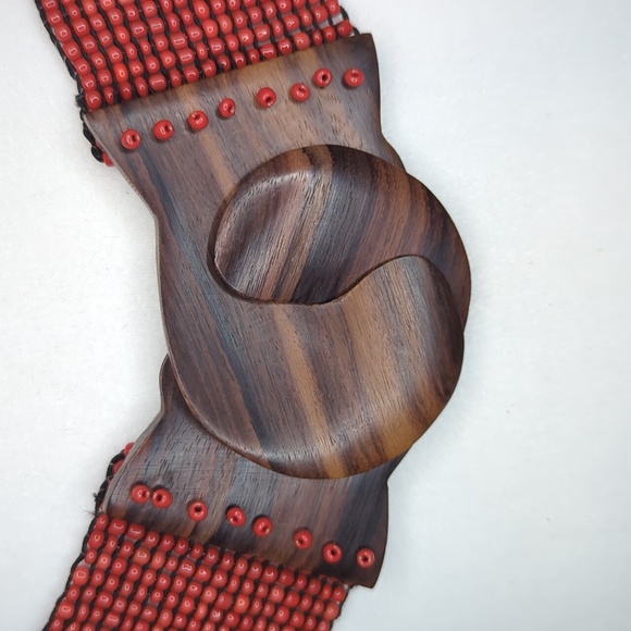 Vtg Glass Bead Wood Stretchy Elastic Belt Burnt Orange‎ Belt Women OS Bohemian main image 11